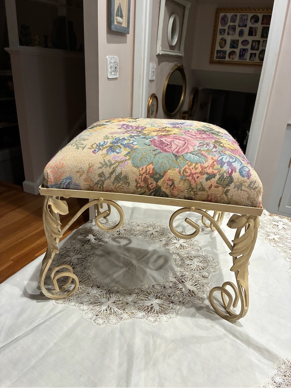 Vintage Floral Tapestry Accent Stool with Cream Metal Base